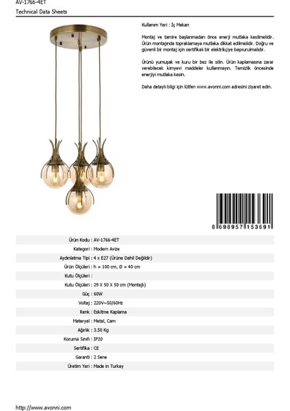 AV-60161-4ET Eskitme Kaplama Modern Avize E27 Metal Cam 40cm