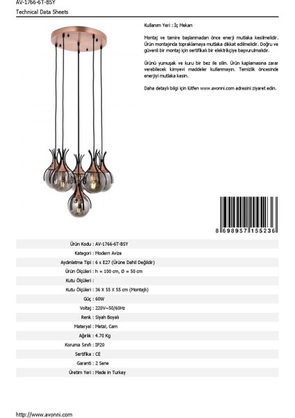 AV-60161-6T-BSY Siyah Boyalı Modern Avize E27 Metal Cam 50cm fırsatları