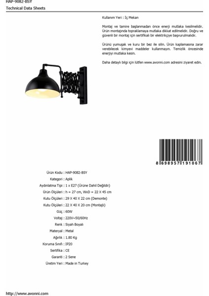 HAP-9082-BSY Siyah Boyalı Aplik E27 Metal 22x45cm