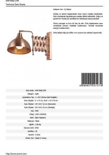 HAP-9082-CPR Bakır Kaplama Aplik E27 Metal 22x45cm
