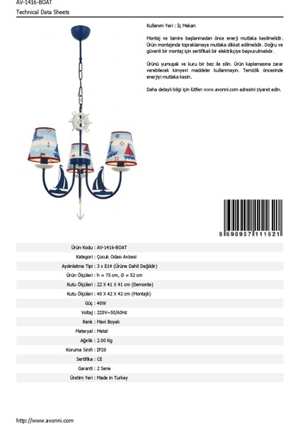 AV-1416-BOAT Mavi Boyalı Modern Avize E14 Metal Kumaş 52cm