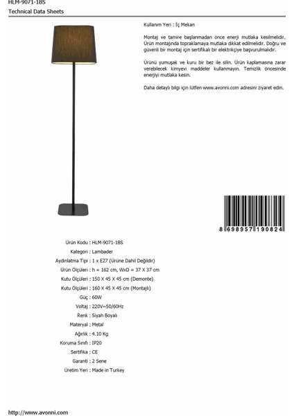 AVONNI HLM-9071-1BS Siyah Boyalı Lambader E27 Metal Kumaş 37x37cm