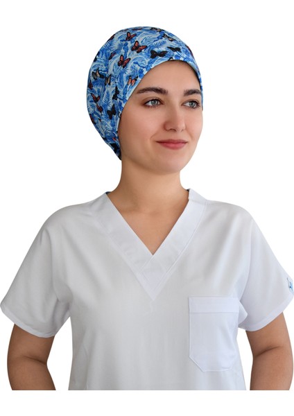 Buz Mavisi Kelebekler Temalı Cerrahi Doktor Hemşire Bonesi