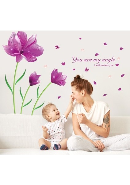 Mor Zambak Çiçekleri Ev Dekorasyonu Salon Duvar Dekoru Sticker