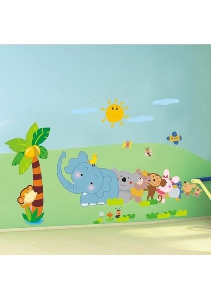 Palmiye ve Sıralı Hayvanlar Çocuk ve Bebek Odası Pvc Duvar Sticker
