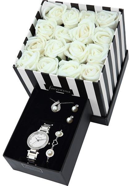 Güllü Kutuda İnci Modeli Kolye Küpe Bileklik Saat Set