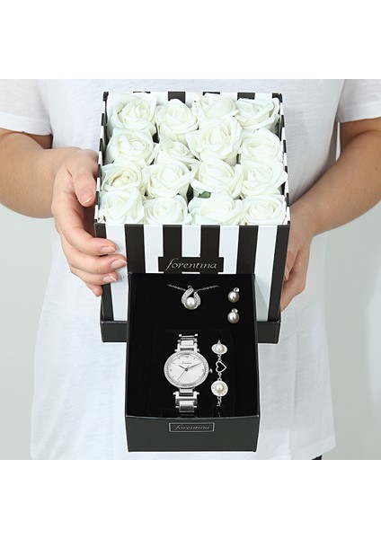 Güllü Kutuda İnci Modeli Kolye Küpe Bileklik Saat Set fiyatları