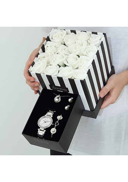 Güllü Kutuda İnci Modeli Kolye Küpe Bileklik Saat Set modelleri