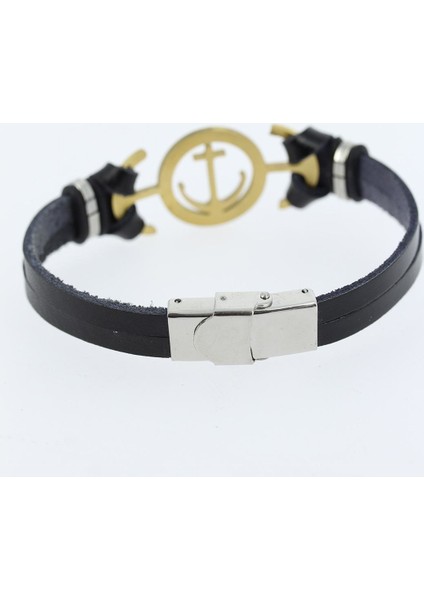 Gold Renk Deniz Çapası Figürlü Metal Aksesuarlı Siyah Renk Deri Erkek Bileklik