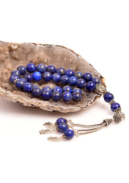 Lapis Lazuli Taşı Gümüş Tesbih - 8 mm - Üç Kamçılı