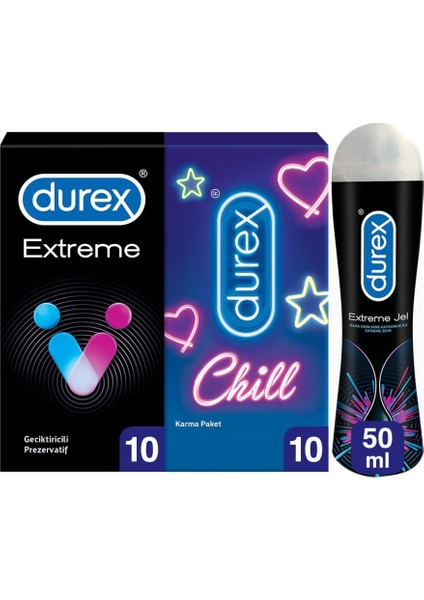 Chill Karma Prezervatif 10'lu +Durex Extreme Prezervatif 10'lu + Durex Extreme Jel 50 ml