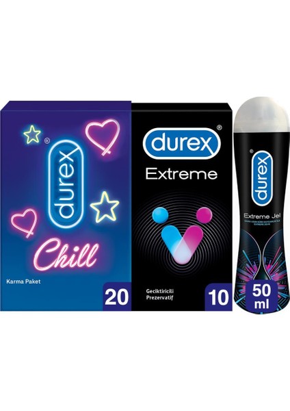 Chill Karma Paket Prezervatif 20’li +Durex Extreme Prezervatif 10'lu+ Durex Extreme Jel 50 ml