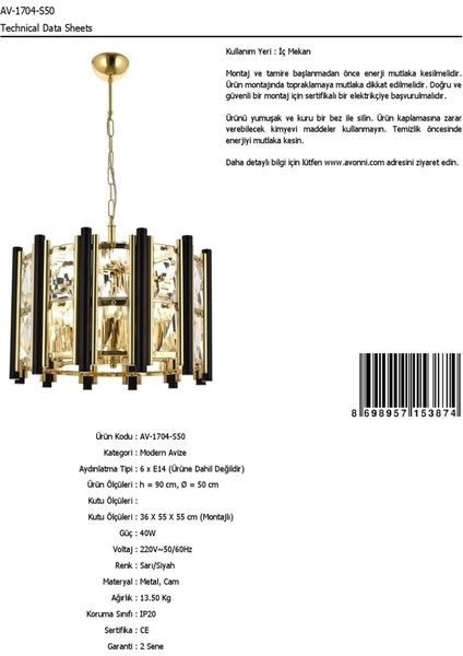 AV-60099-S50 Sarı Kaplama Modern Avize E14 Metal Kristal 50cm