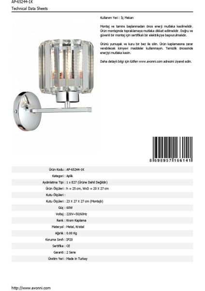 AP-65244-1K Krom Kaplama Aplik E27 Metal Kristal 20x27cm