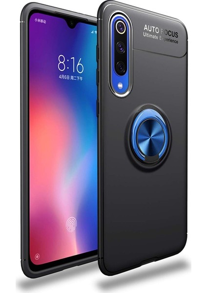 Xiaomi Mi 9 Kılıf Renkli Yüzüklü Manyetik Silikon Kapak Siyah - Mavi