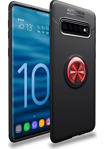 Samsung Galaxy S10 Plus Kılıf Renkli Yüzüklü Manyetik Silikon Kapak Siyah - Kırmızı