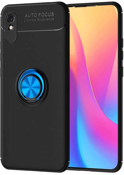 Xiaomi Redmi 9A Kılıf Renkli Yüzüklü Manyetik Silikon Kapak Siyah - Mavi