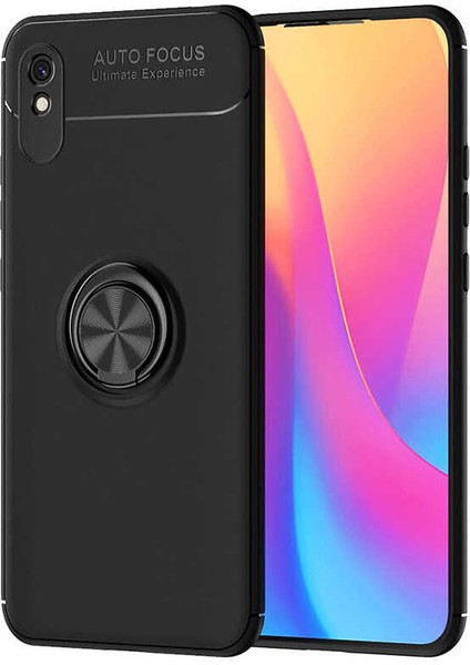 Xiaomi Redmi 9A Kılıf Renkli Yüzüklü Manyetik Silikon Kapak Siyah - Siyah