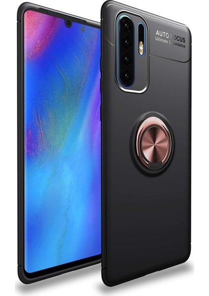 Huawei P30 Pro Kılıf Renkli Yüzüklü Manyetik Silikon Kapak Siyah - Rose Gold