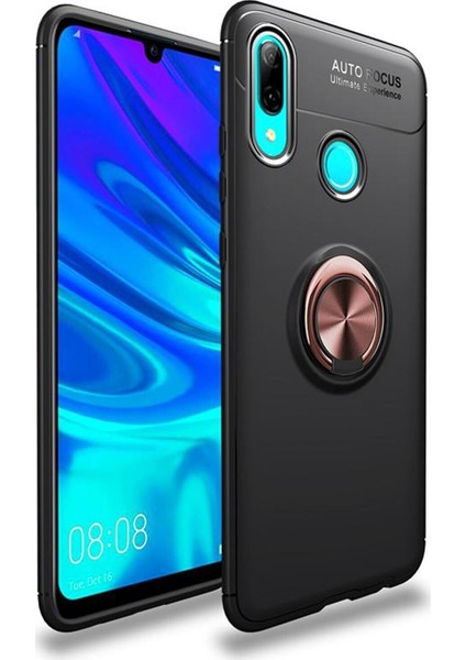 Huawei Y7 Prime 2019 Kılıf Renkli Yüzüklü Manyetik Silikon Kapak Siyah - Rose Gold