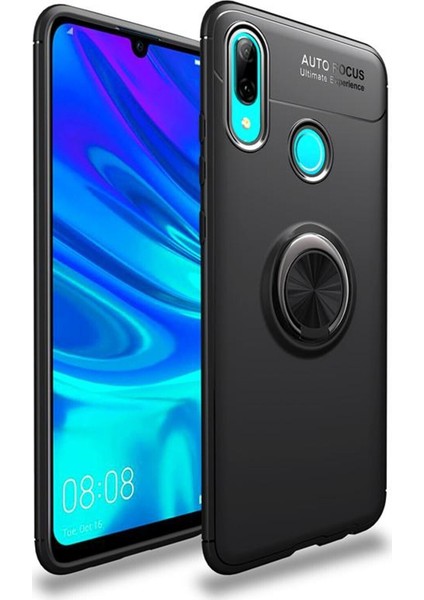 Huawei Y7 Prime 2019 Kılıf Renkli Yüzüklü Manyetik Silikon Kapak Siyah - Siyah
