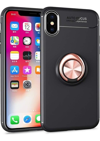 Apple iPhone Xs Max Kılıf Renkli Yüzüklü Manyetik Silikon Kapak Siyah - Rose Gold