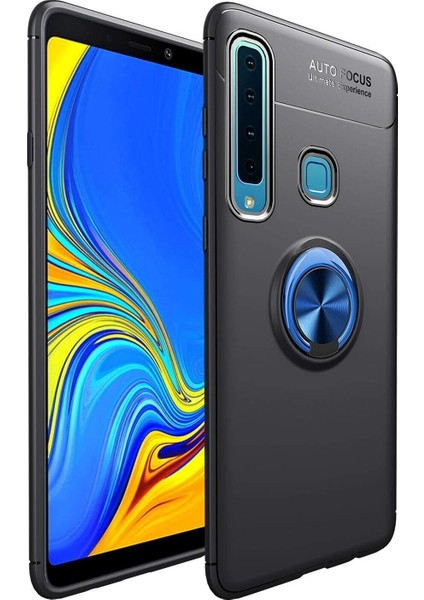 Samsung Galaxy A9 2018 Kılıf Renkli Yüzüklü Manyetik Silikon Kapak Siyah - Mavi