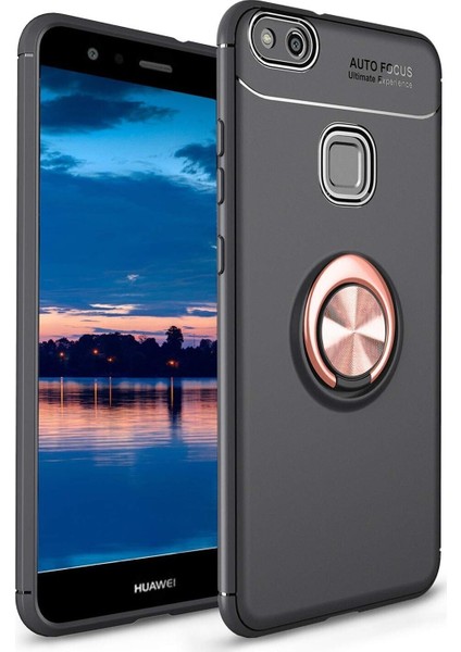 Huawei P10 Lite Kılıf Renkli Yüzüklü Manyetik Silikon Kapak Siyah - Rose Gold