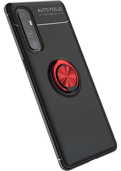 Oppo Reno 3 Pro Kılıf Renkli Yüzüklü Manyetik Silikon Kapak Siyah - Kırmızı