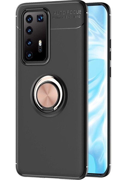 Kzy Huawei P40 Pro Kılıf Renkli Yüzüklü Manyetik Silikon Kapak Siyah - Rose Gold