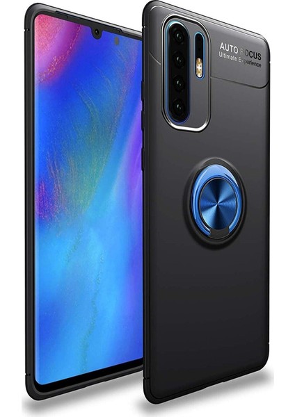 Huawei P30 Pro Kılıf Renkli Yüzüklü Manyetik Silikon Kapak Siyah - Mavi