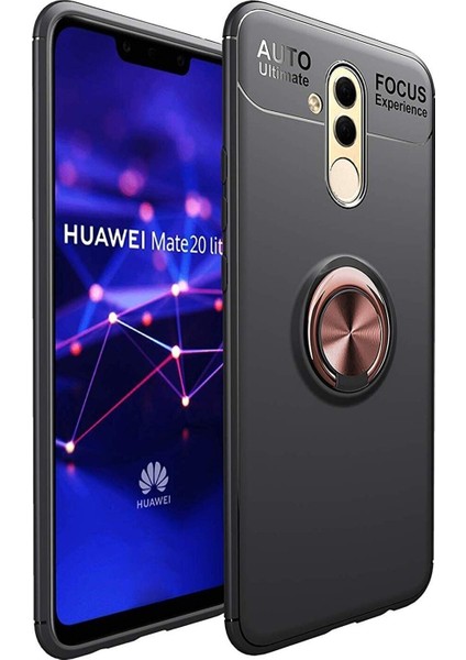 Huawei Mate 20 Lite Kılıf Renkli Yüzüklü Manyetik Silikon Kapak Siyah - Rose Gold