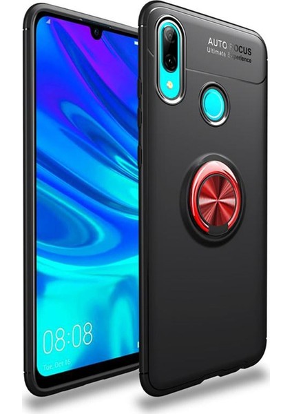 Huawei Y7 Prime 2019 Kılıf Renkli Yüzüklü Manyetik Silikon Kapak Siyah - Kırmızı