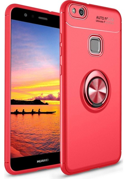 Huawei P10 Lite Kılıf Renkli Yüzüklü Manyetik Silikon Kapak Kırmızı - Kırmızı