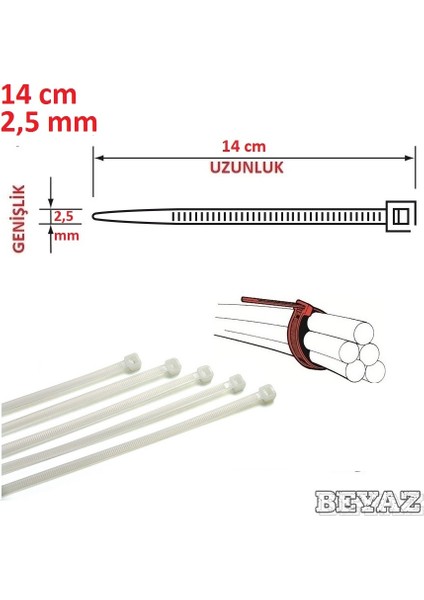 14CM x 2,5mm Plastik Cırt Kelepçe (Kablo Bağı) Saydam-Beyaz