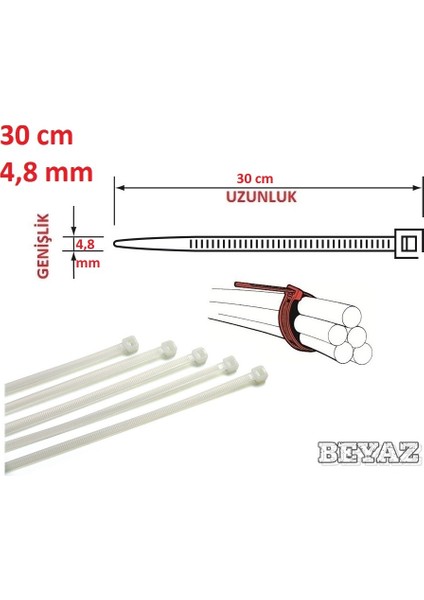 30CM x 4,8mm Plastik Cırt Kelepçe Beyaz Kablo Bağı