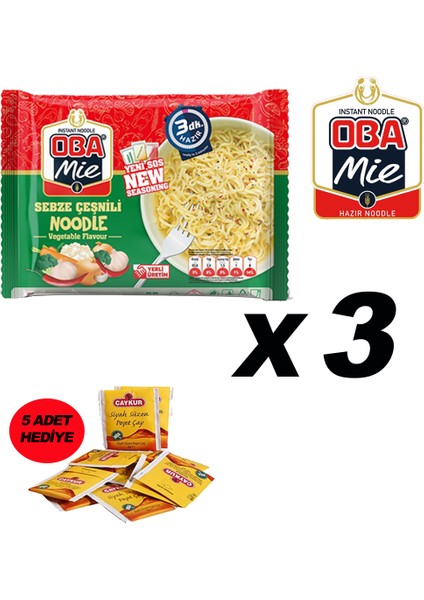 Mie Noodle Hazır Makarna 75GR Sebze '' 3 Adet '' (5 Adet Çaykur Altın Süzen Poşet Bardak Çay)