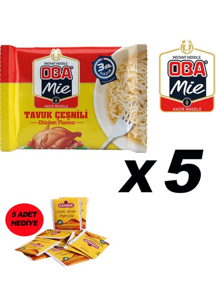 Mie Noodle Hazır Makarna 75GR Tavuk '' 5 Adet '' (5 Adet Çaykur Altın Süzen Poşet Bardak Çay)