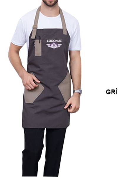 Nakışlı Boyundan Askılı Mutfak Iş Önlüğü Barista Master Chef Garson Kuaför Tattoo Önlük - Gri