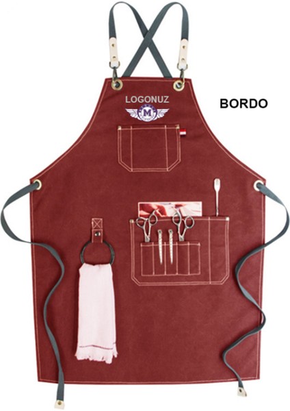 Nakışlı Boyundan Askılı Mutfak Iş Önlüğü Barista Master Chef Garson Kuaför Tattoo Önlük - Bordo