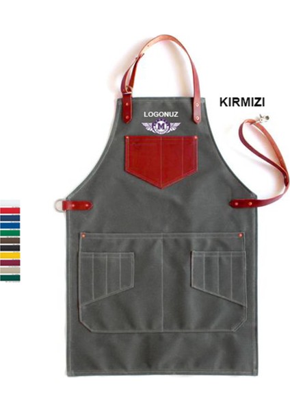 Nakışlı Boyundan Askılı Mutfak Iş Önlüğü Barista Master Chef Garson Kuaför Tattoo Önlük - Kırmızı