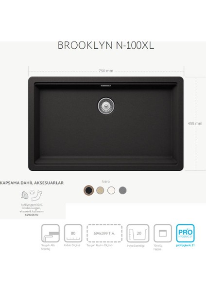 Brooklyn N-100 Xl A Tezgahaltı Evye, Nero fiyatları