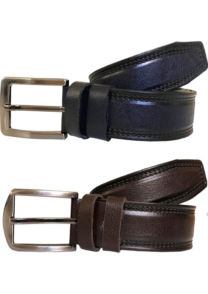 Deri 2'li Desenli Süper Set Kahverengi, Lacivert 4 cm Kemer