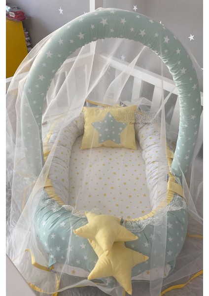 Yeşil Yıldızlı Cibinlik ve Oyuncak Askılı Lüx Tasarım Babynest