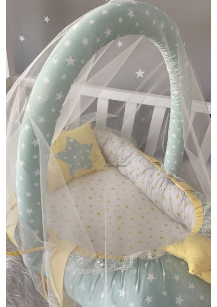 Yeşil Yıldızlı Cibinlik ve Oyuncak Askılı Lüx Tasarım Babynest