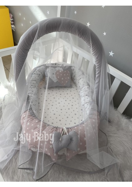 Pudra Yıldız Desenli Cibinlik ve Oyuncak Askılı Lüx Tasarım Babynest
