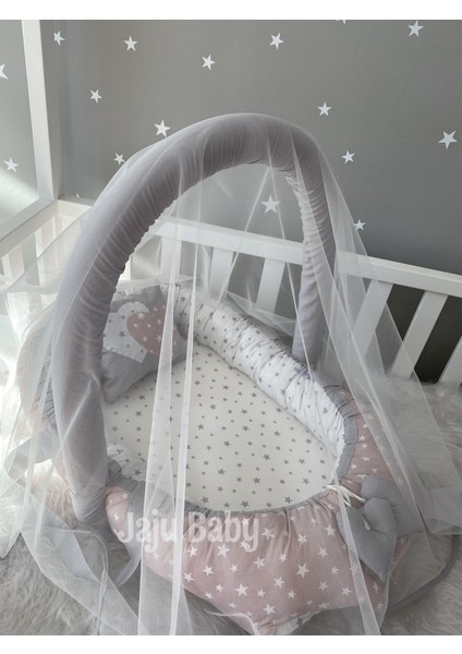 Pudra Yıldız Desenli Cibinlik ve Oyuncak Askılı Lüx Tasarım Babynest fiyatları