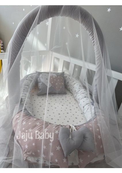 Pudra Yıldız Desenli Cibinlik ve Oyuncak Askılı Lüx Tasarım Babynest modelleri