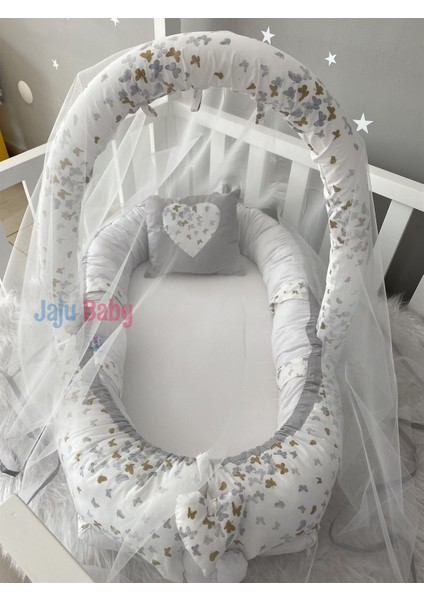 Gri Kelebek Desenli Cibinlik ve Oyuncak Askılı Lüx Tasarım Babynest
