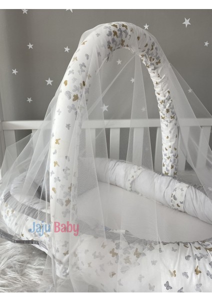 Gri Kelebek Desenli Cibinlik ve Oyuncak Askılı Lüx Tasarım Babynest